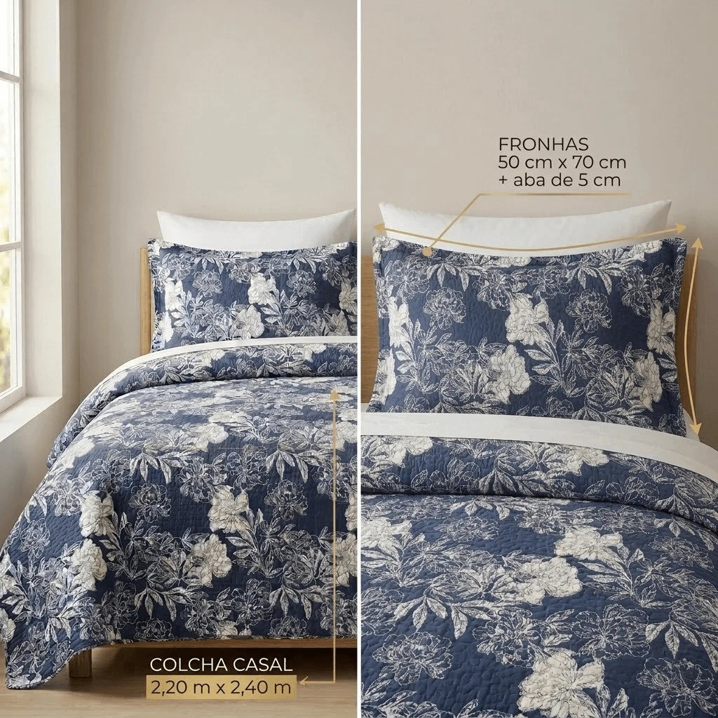 Kit Completo Colcha Linha Habitat Floral Azul