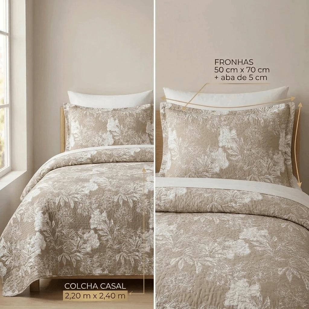 Kit Completo Colcha Linha Habitat Floral Bege