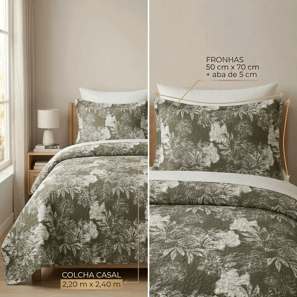 Kit Completo Colcha Linha Habitat Floral Verde