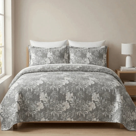 Kit Completo Colcha Linha Habitat Floral Cinza