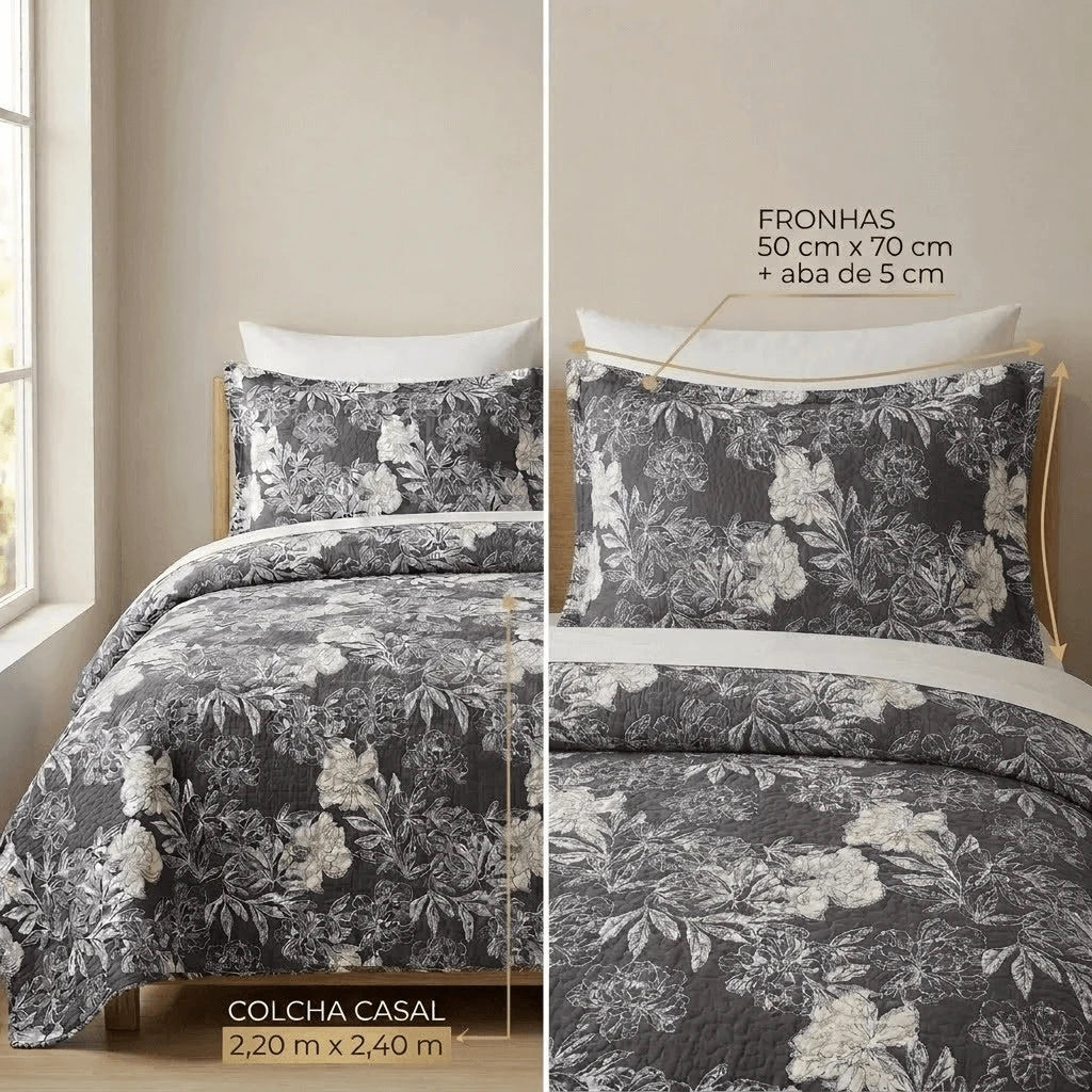 Kit Completo Colcha Linha Habitat Floral Cinza